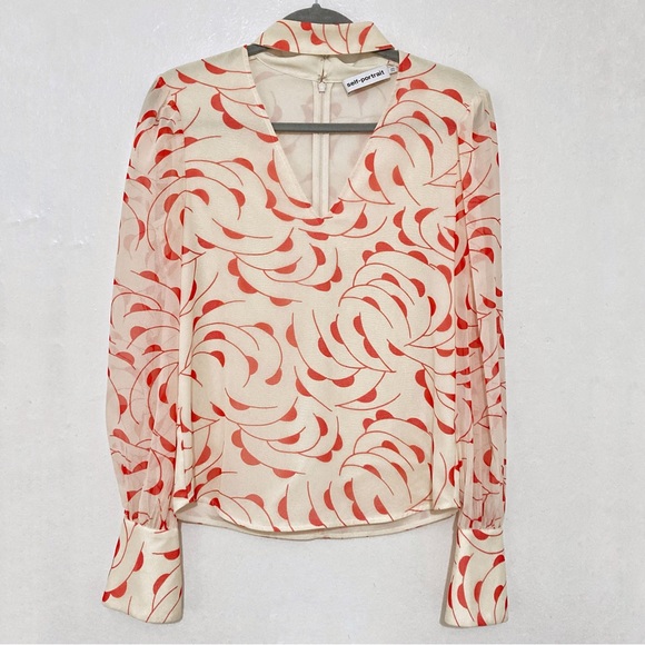 Self Portrait High Neck Printed Blouse Choker Detail Red/Ecru Size UK6/US 2 - Picture 4 of 14